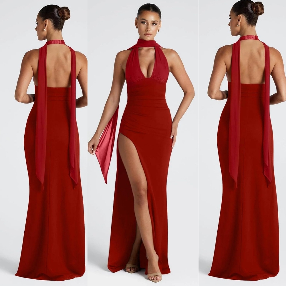 Elegant Red Evening Gown, Halter Sleeveless Backless Satin Gown